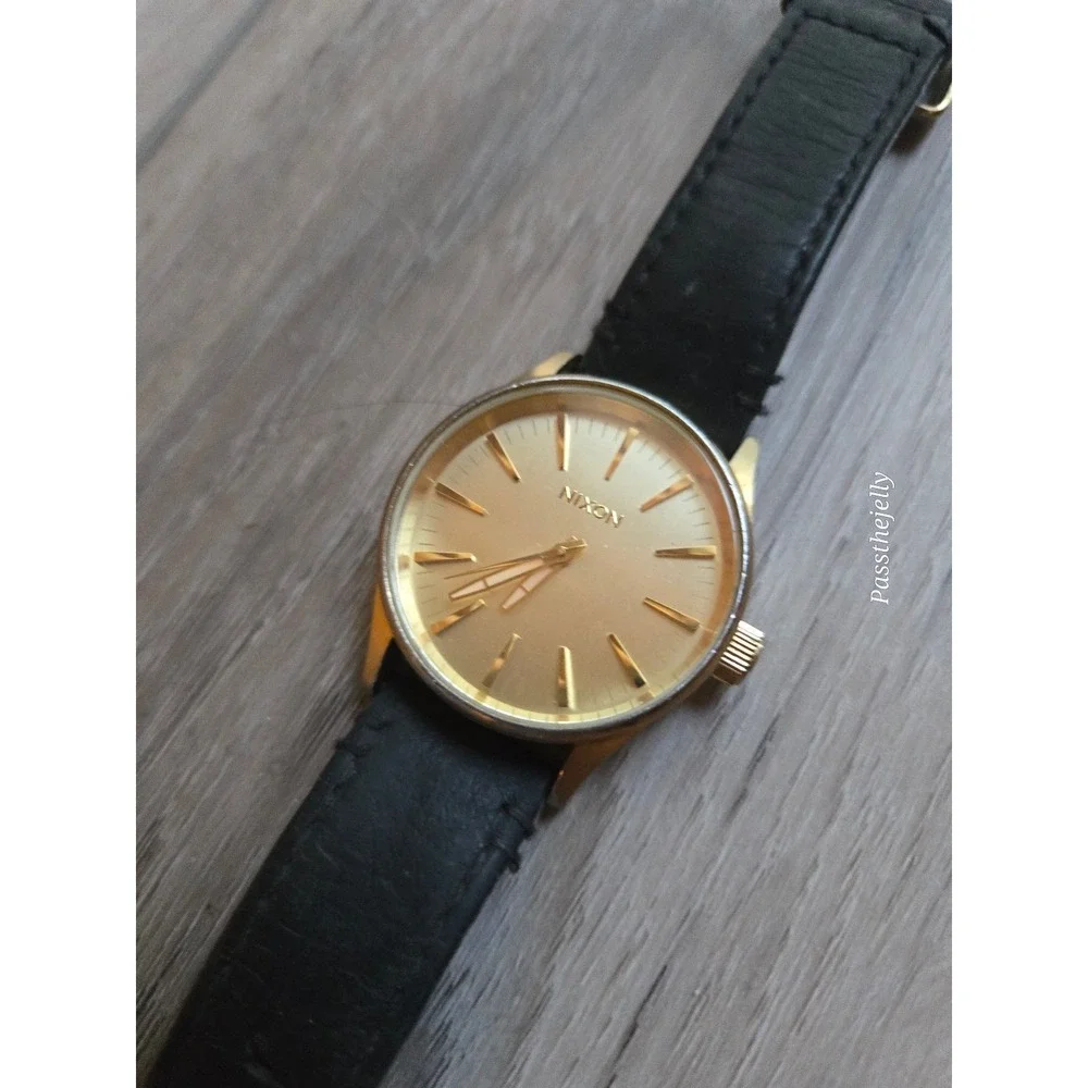 Nixon Sentry 38 Watch Mens Gold Tone Gold Dial Black Leather Minimalist Dress